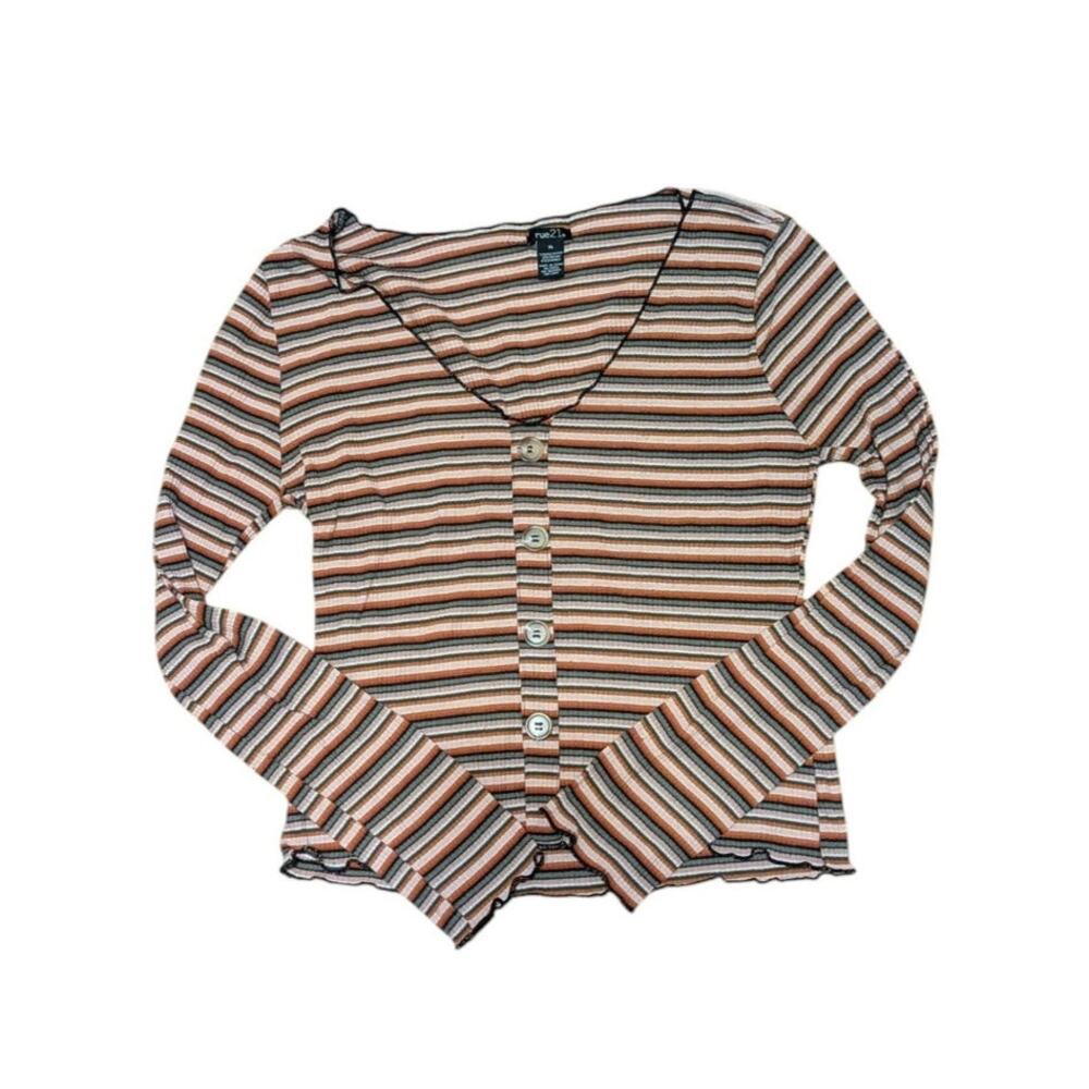 Rue 21 Ribbed Long Sleeve Top With V Neckline And Button Closure